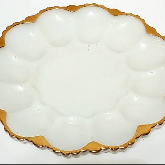Egg plater Vtg Anchor Hocking Milk Glass 12 Deviled Egg Plate
Gold Trim Ornate - Picture 9 of 10